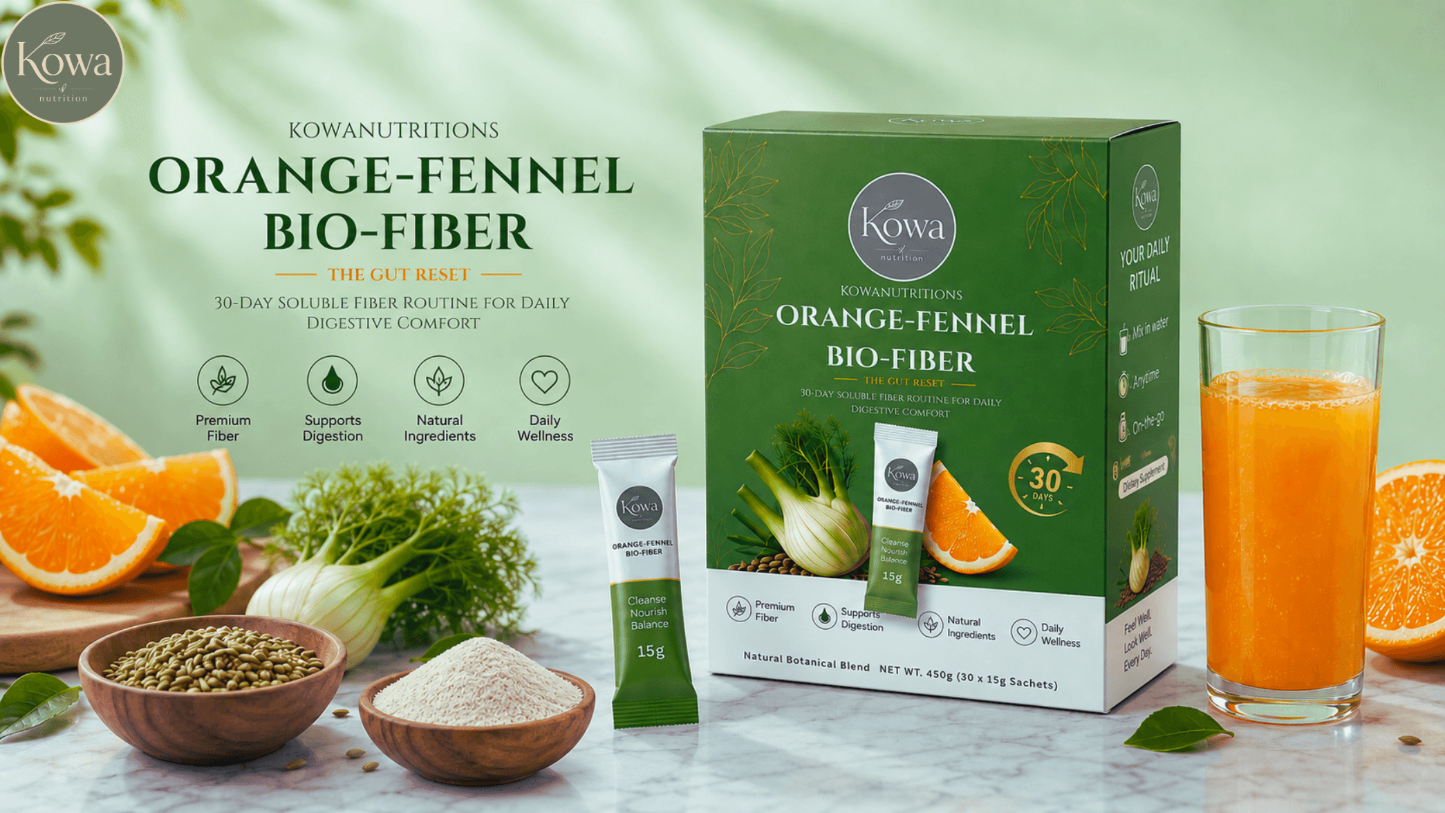 KOWA Orange-Fennel Bio-Fiber — 30-day box, single sachet, and a glass of prepared juice on marble counter with fresh orange, fennel, and ingredient bowls