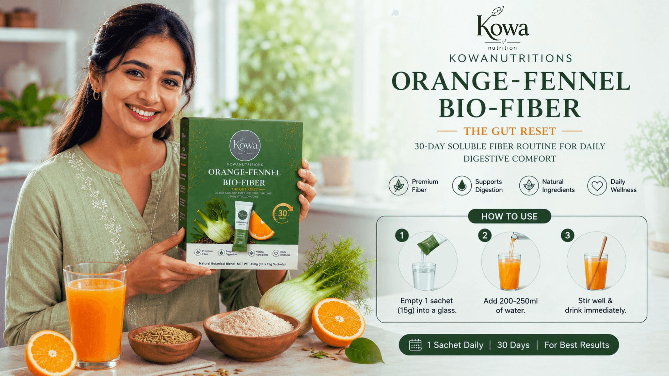 KOWA Orange-Fennel Bio-Fiber daily ritual — a woman holding the box beside the 3-step HOW TO USE guide: empty one sachet, add 200-250ml water, stir and drink. Footer reads: 1 Sachet Daily · 30 Days · For Best Results.