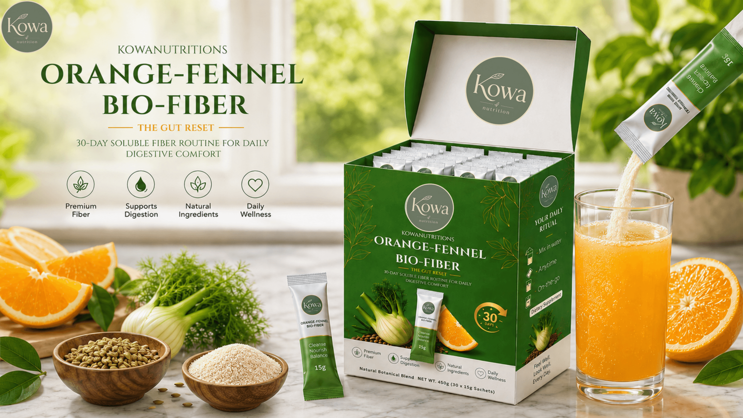 KOWA Orange-Fennel Bio-Fiber — 30-day box, sachet, and prepared orange juice with fresh fennel and seeds