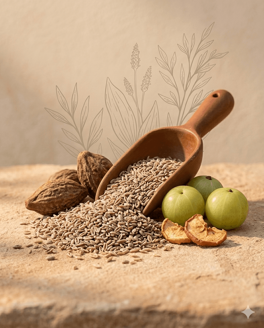 Psyllium seeds in a wooden scoop alongside Amla fruits and walnuts on a stone surface with botanical line art — KOWA sourcing heritage